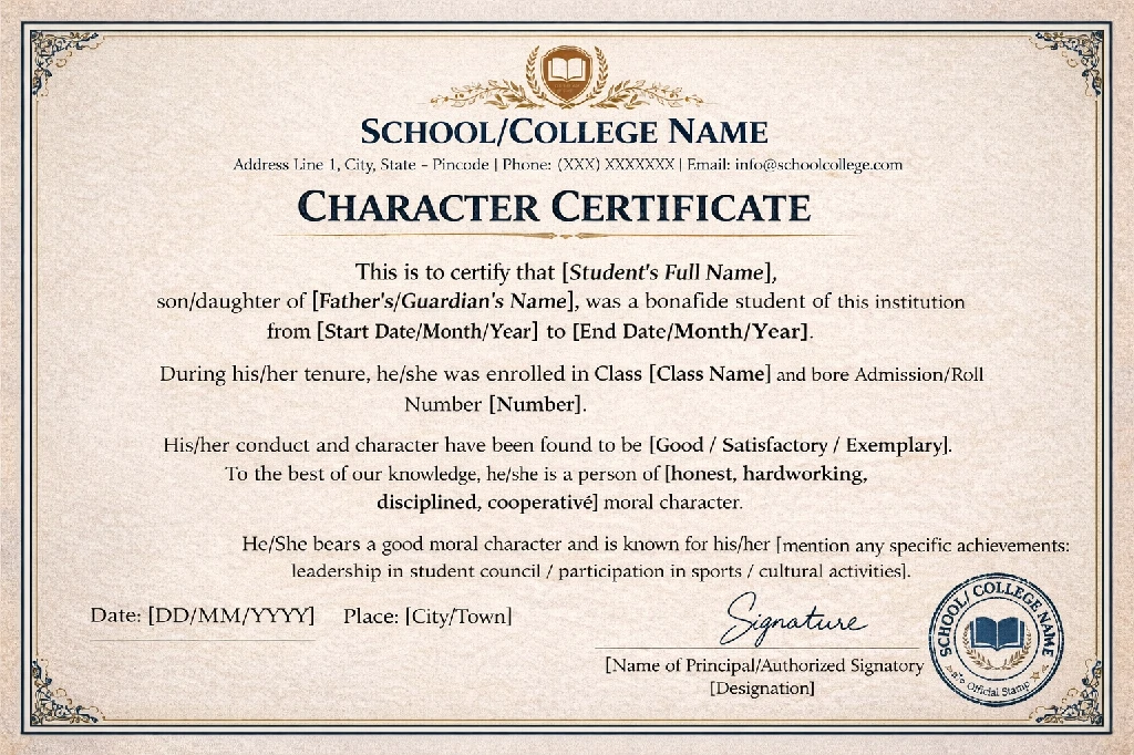 Character Certificate Sample