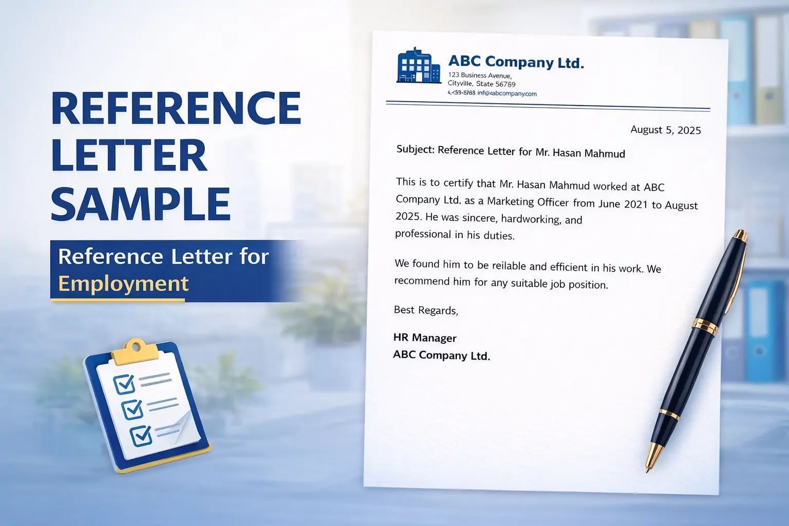 Reference Letter Sample for a employment